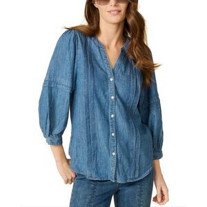 J. McLaughlin Laramie Linen Blend Chambray Balloon Sleeve Blouse Blue Size L